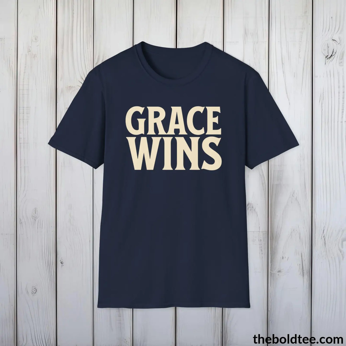 Grace Wins Christian T-Shirt - Inspirational, Casual Soft Cotton Crewneck Tee - Graceful Church Gift for Friends and Family - 8 Colors