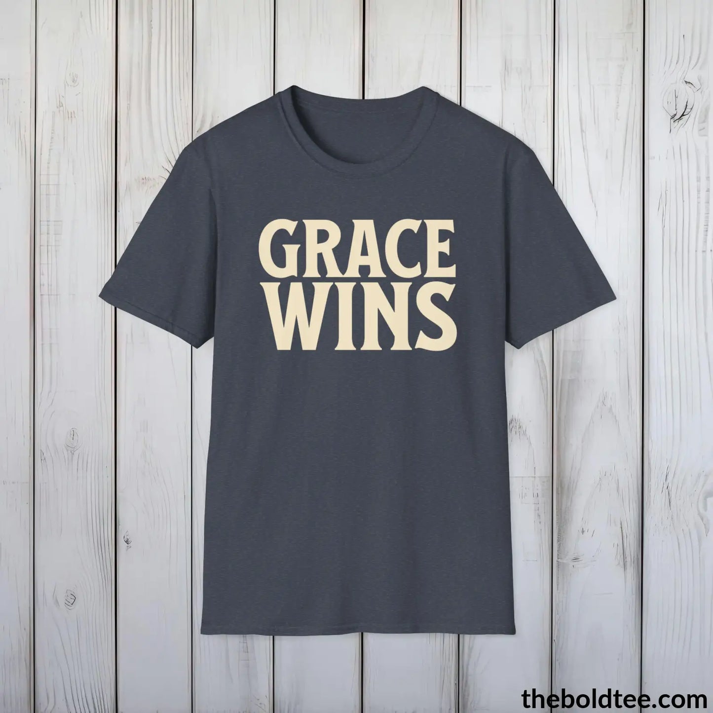 Grace Wins Christian T-Shirt - Inspirational, Casual Soft Cotton Crewneck Tee - Graceful Church Gift for Friends and Family - 8 Colors