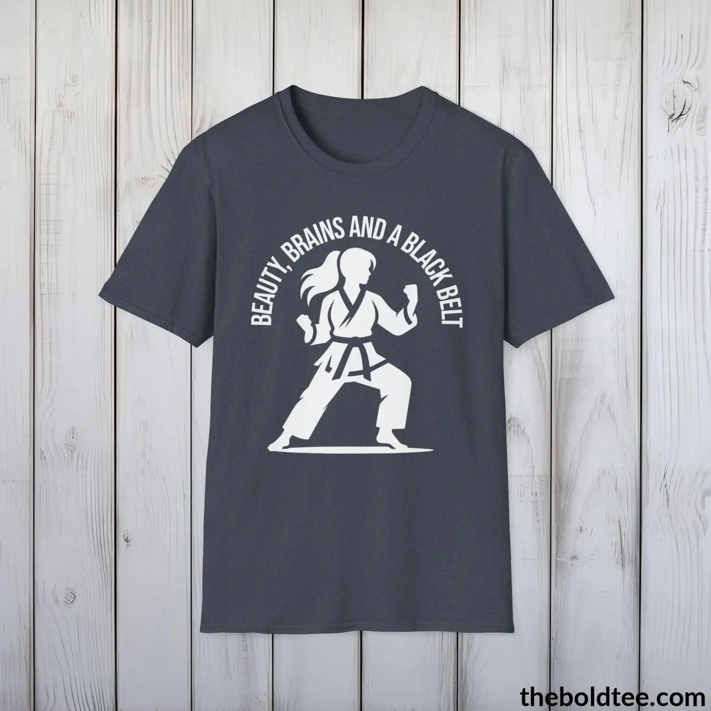 Beauty, Brains & Black Belt T-Shirt - Female Empowered Martial Arts Tee - Karate Shirt Gift for Her - Cotton Comfort in 9 Colors