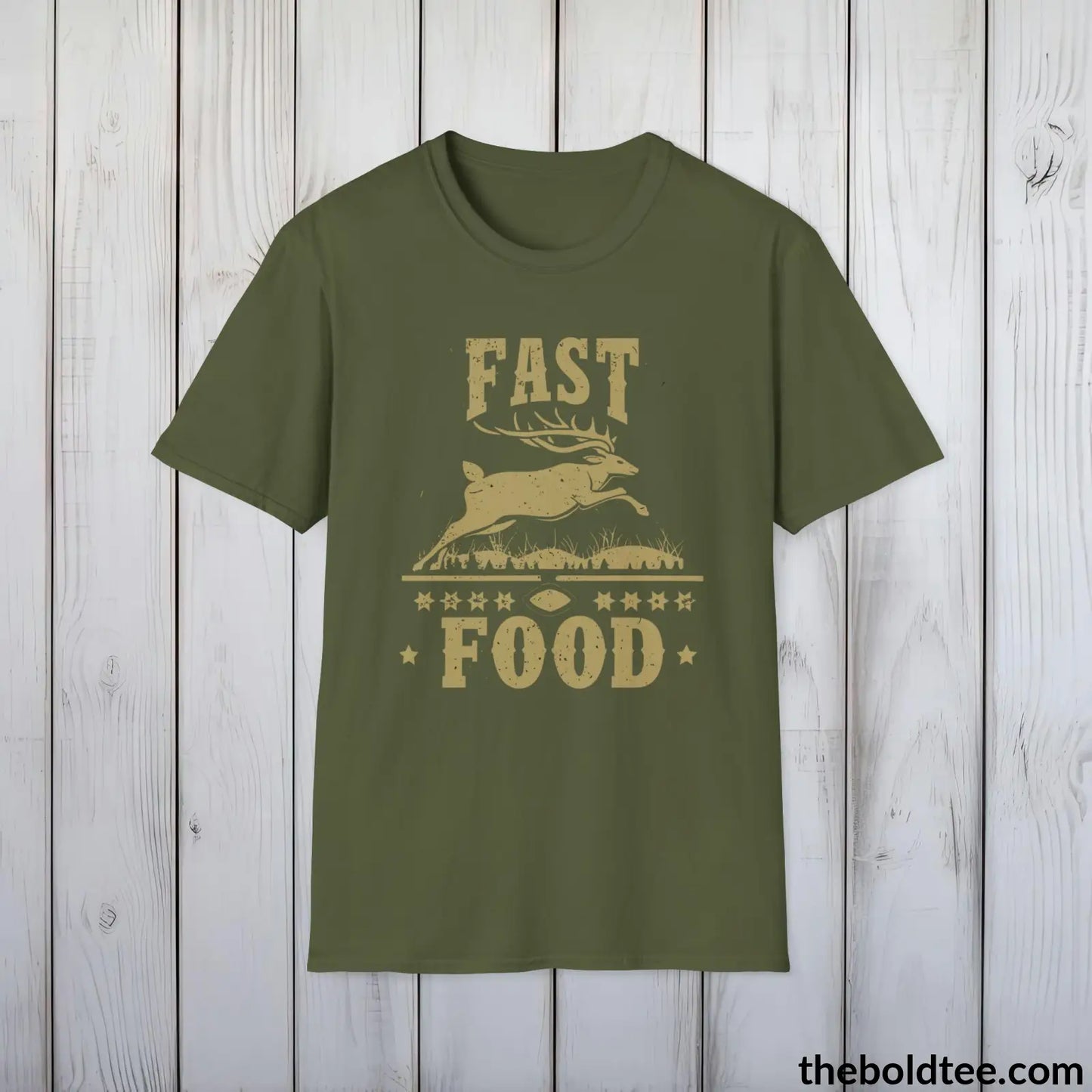 Fast Food Deer Hunter T-Shirt - Great Funny Gift for Outdoor Huntsman Adventurers - Ultimate Comfort in Green, Grey or Navy