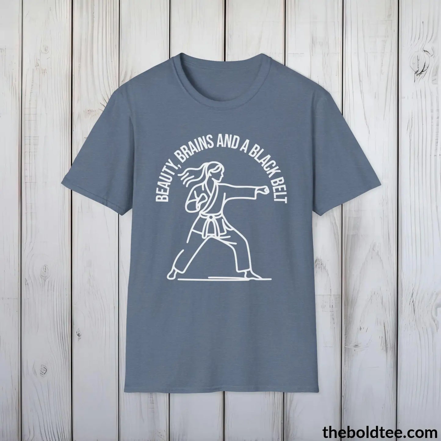 Beauty, Brains & Black Belt T-Shirt - Female Empowered Martial Arts Tee - Karate Shirt Gift for Her - Cotton Comfort in 9 Colors