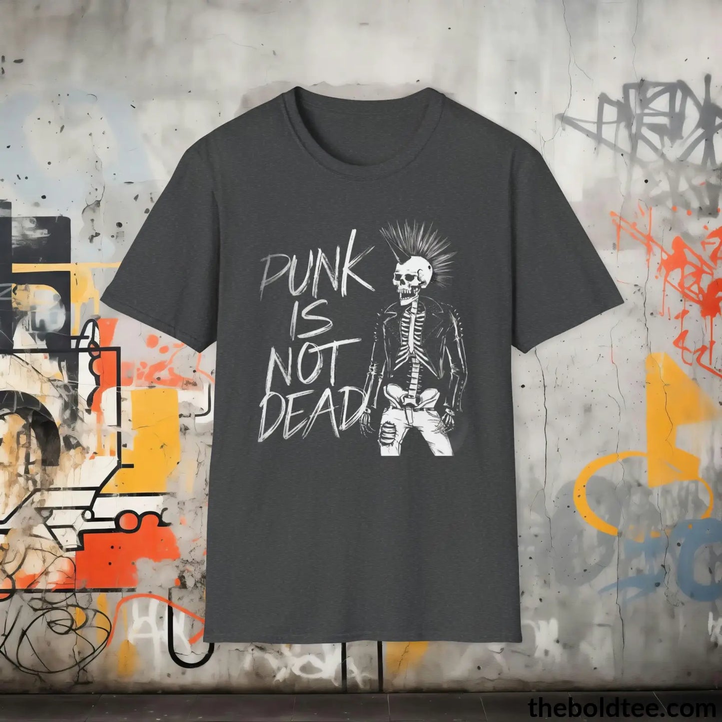 Edgy "Punk Is Not Dead" Cotton T-Shirt - Sassy, Sustainable & Soft Cotton Crewneck Tee - Funny Gift for Friends and Family - 8 Dark Colors