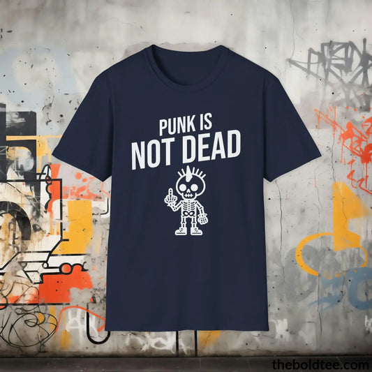 Edgy "Punk Is Not Dead" Cotton T-Shirt - Sassy, Sustainable & Soft Cotton Crewneck Tee - Funny Gift for Friends and Family - 8 Dark Colors
