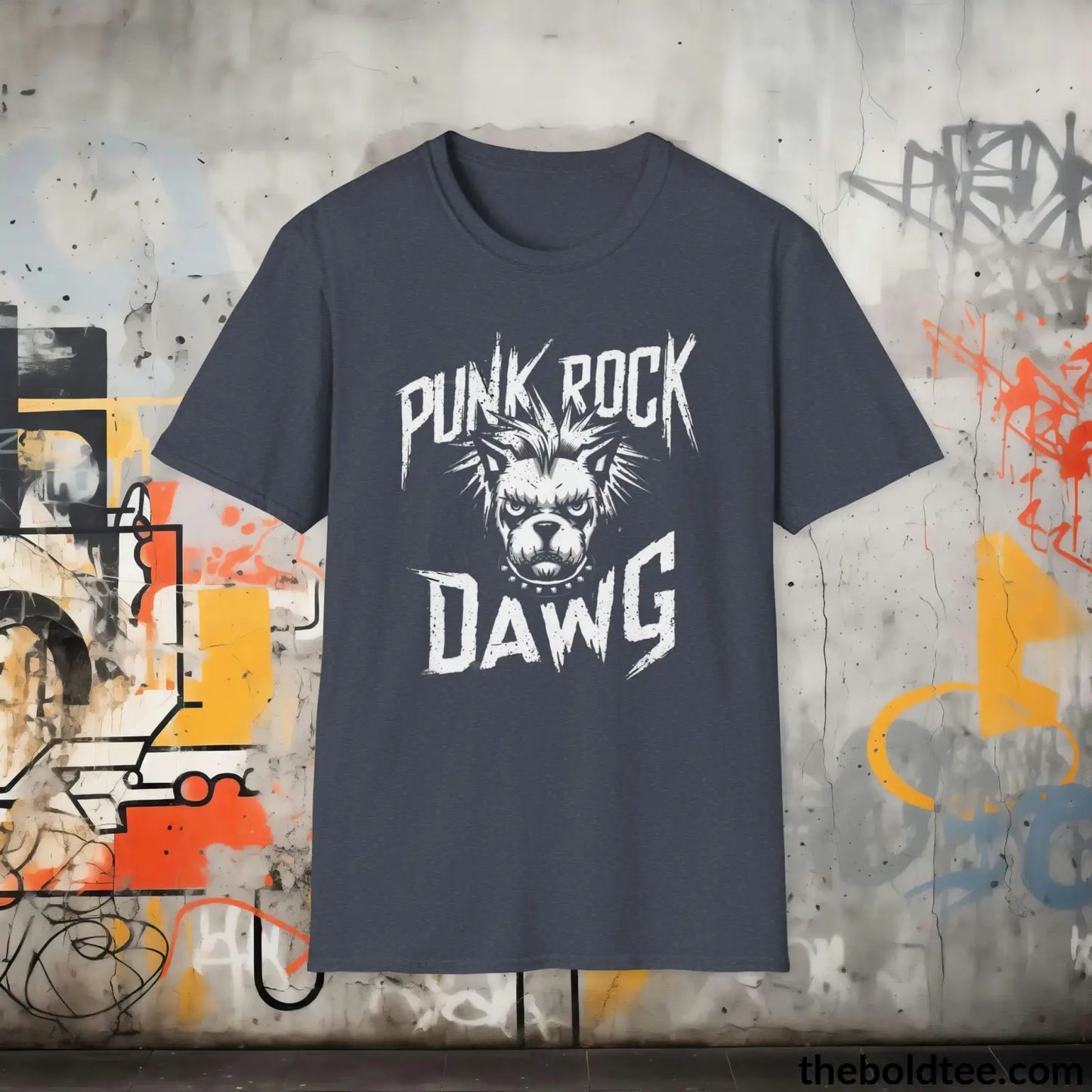 Edgy "Punk Rock Dawg" Cotton T-Shirt - Sassy, Sustainable & Soft Cotton Crewneck Tee - Iconic Gift for Friends and Family - 8 Dark Colors