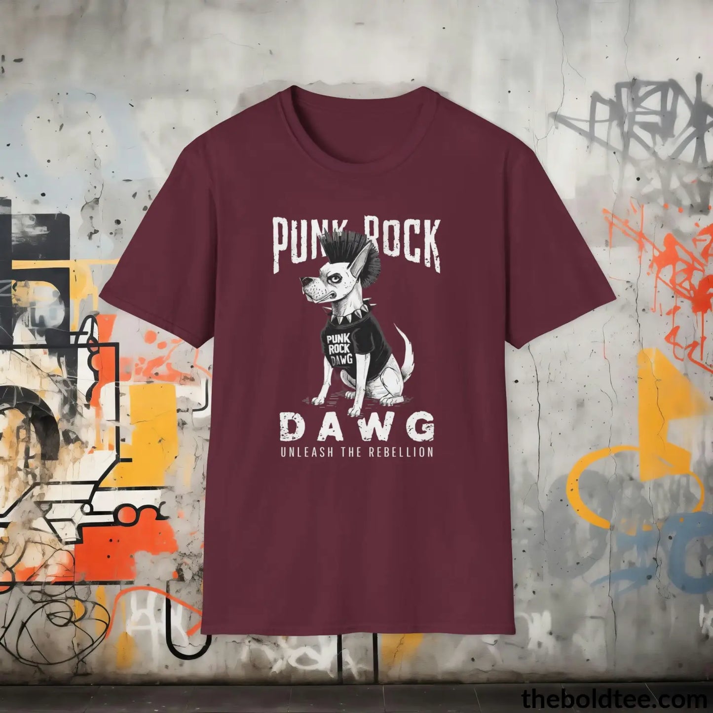 Edgy "Punk Rock Dawg" Cotton T-Shirt - Sassy, Sustainable & Soft Cotton Crewneck Tee - Iconic Gift for Friends and Family - 8 Dark Colors