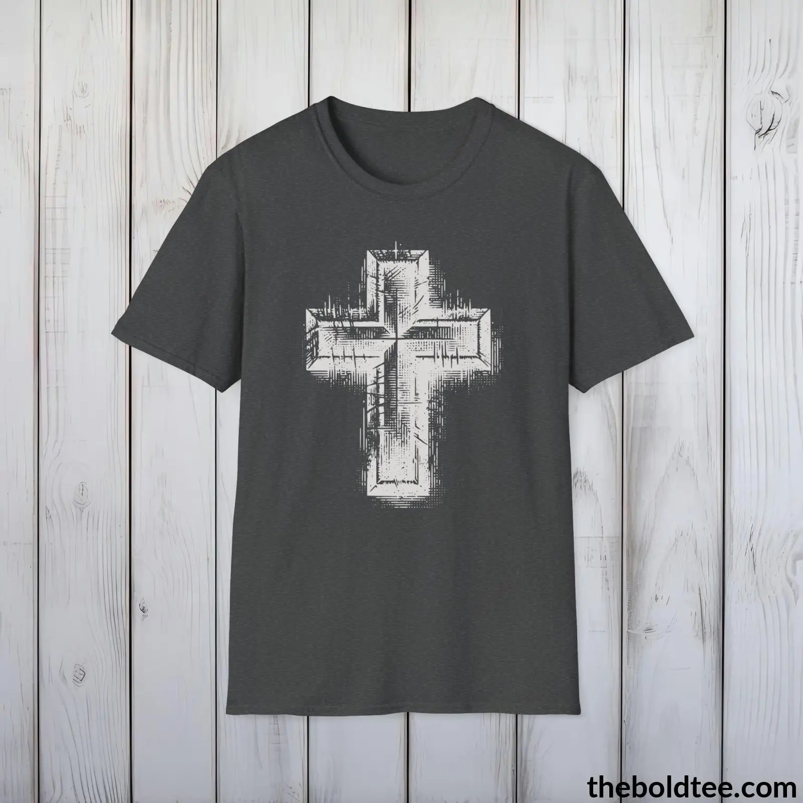 Christian Cross Tee - Premium Soft Cotton Crewneck Unisex T - Shirt 9 Bold Colors Dark Heather / S