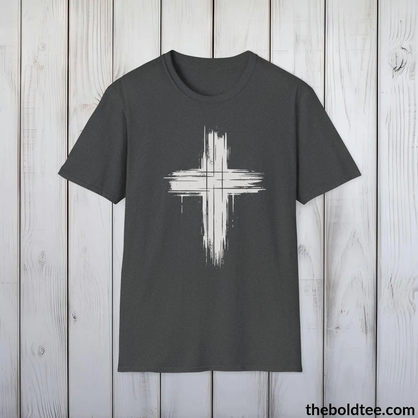 Christian Cross Tee - Premium Soft Cotton Crewneck Unisex T - Shirt 9 Bold Colors Dark Heather / S