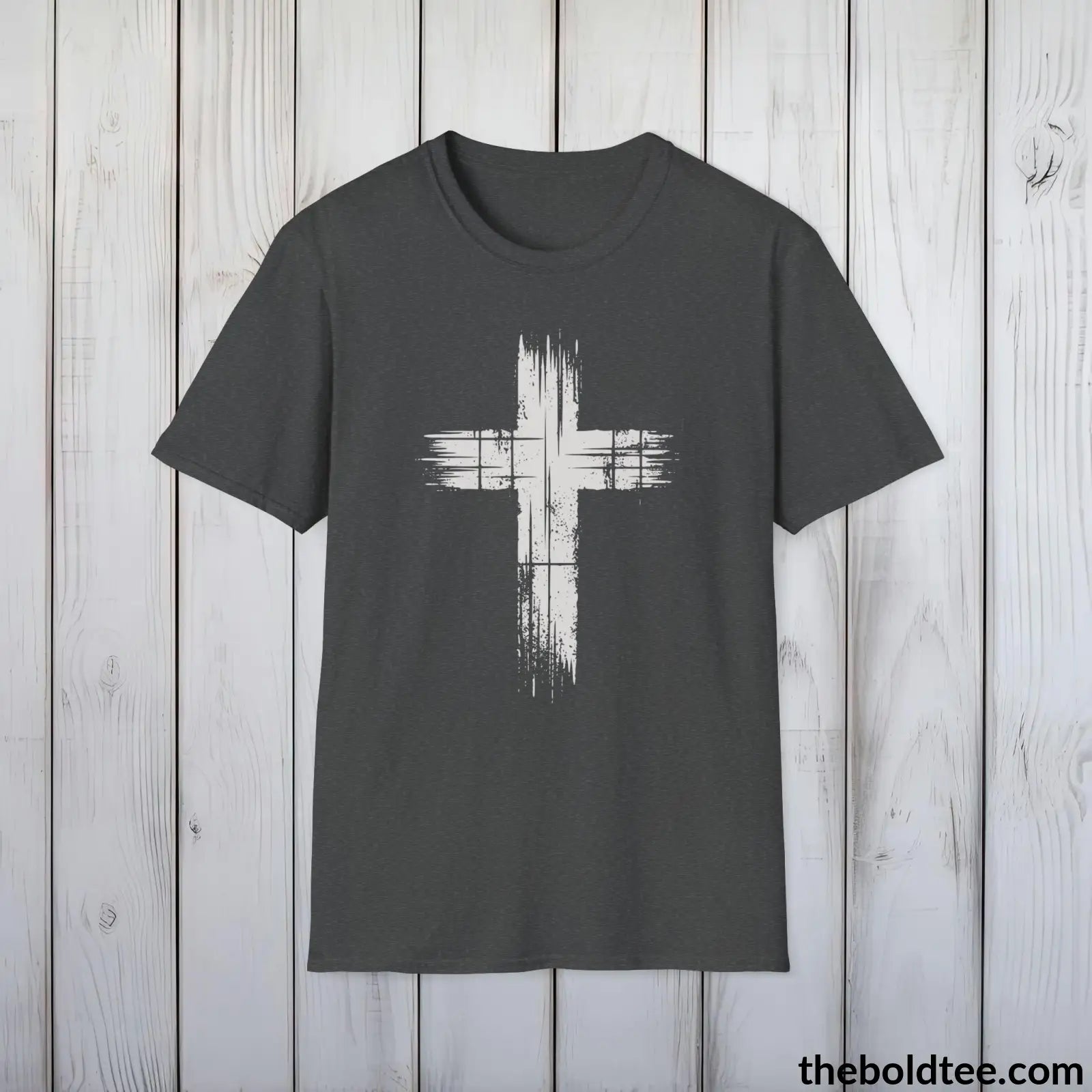 Christian Cross Tee - Premium Soft Cotton Crewneck Unisex T - Shirt 9 Bold Colors Dark Heather / S