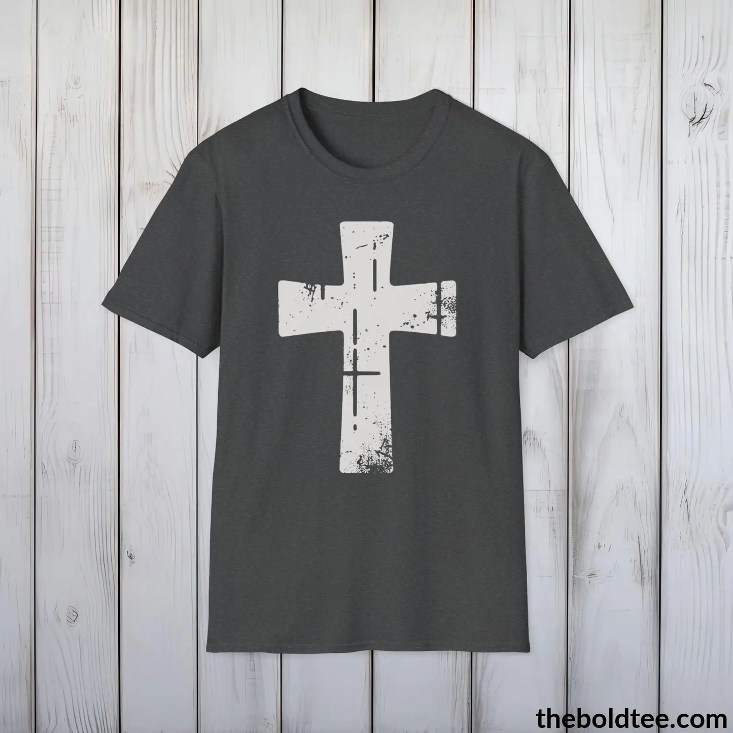 Christian Cross Tee - Premium Soft Cotton Crewneck Unisex T - Shirt 9 Bold Colors Dark Heather / S