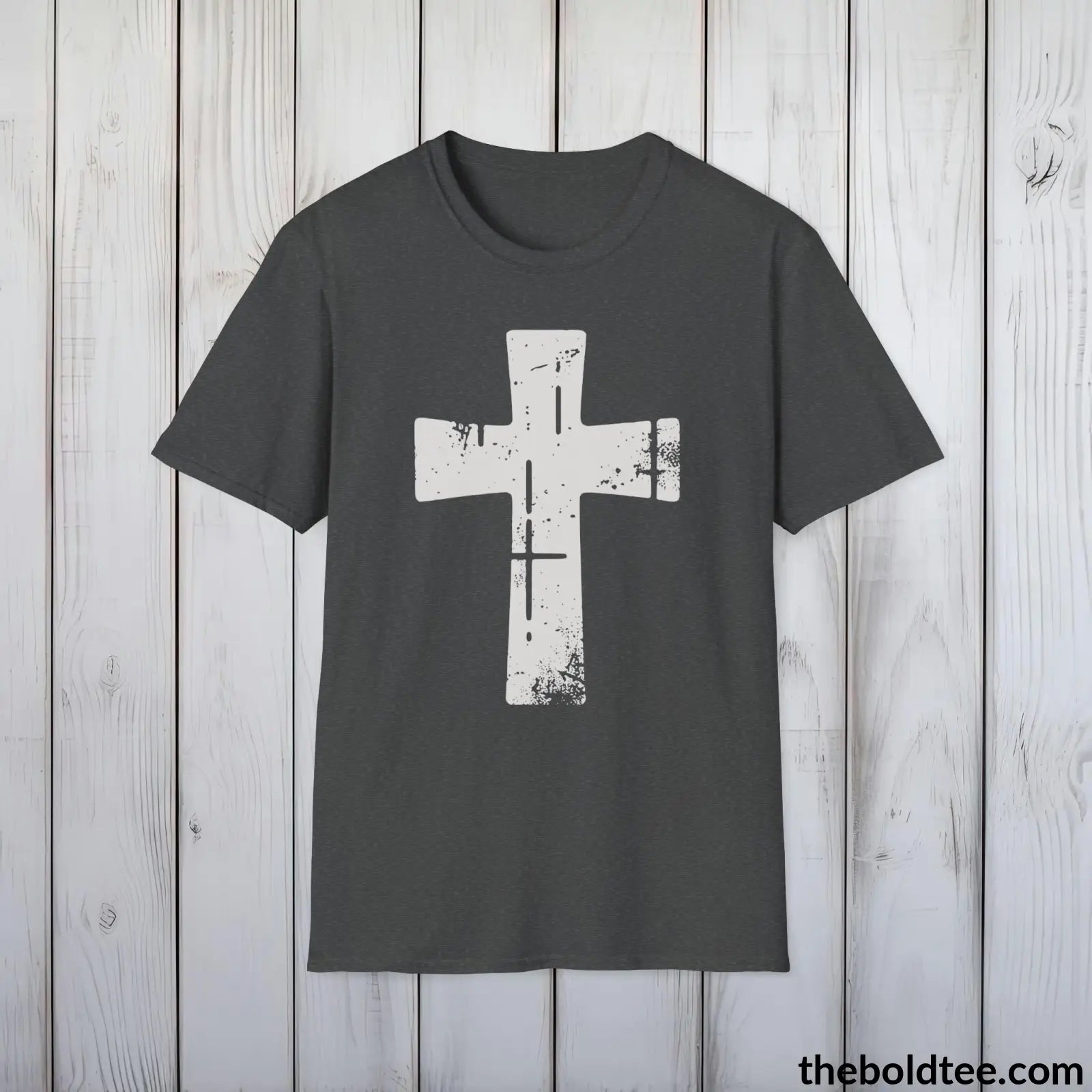 Christian Cross Tee - Premium Soft Cotton Crewneck Unisex T - Shirt 9 Bold Colors Dark Heather / S