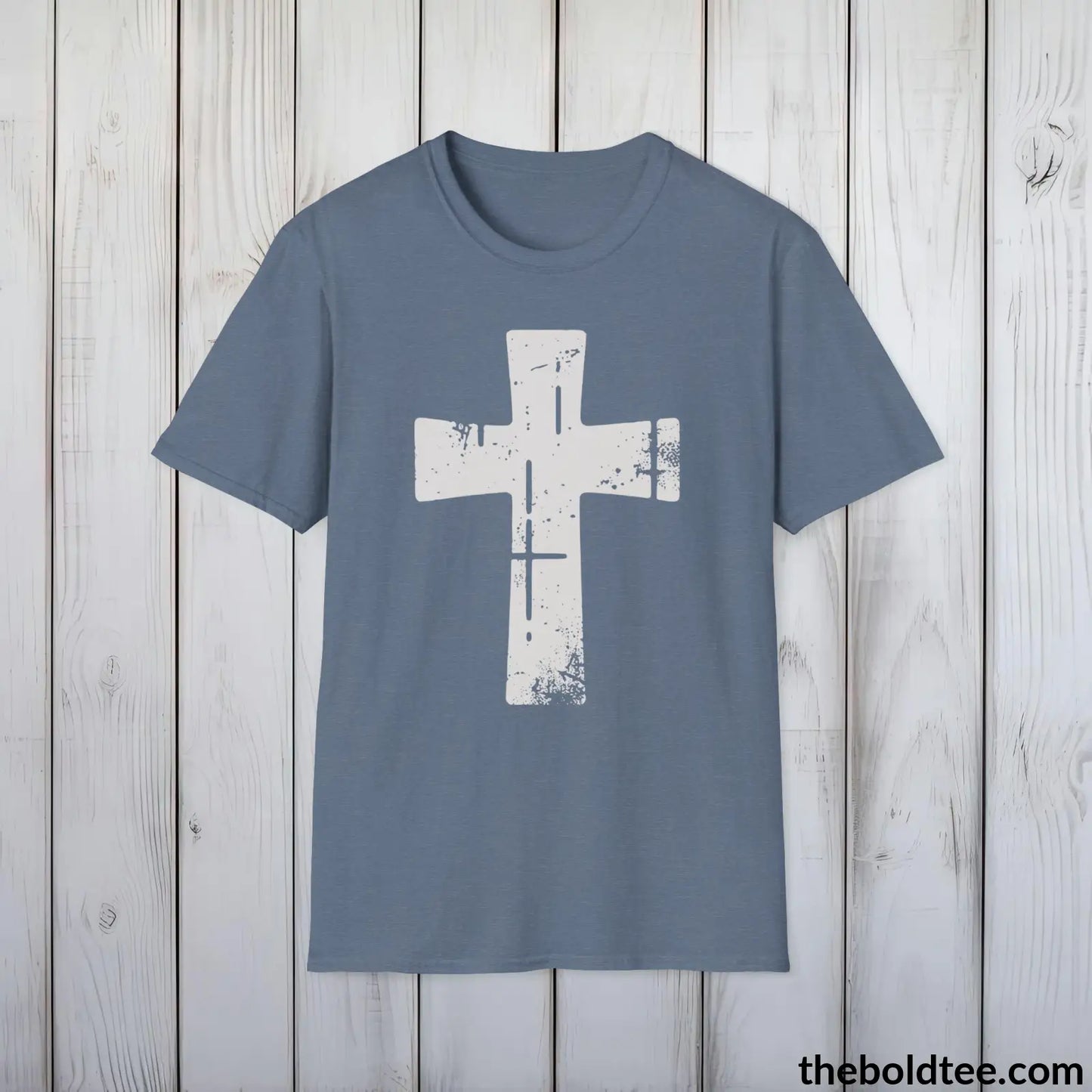 Christian Cross Tee - Premium Soft Cotton Crewneck Unisex T - Shirt 9 Bold Colors Heather Indigo / S