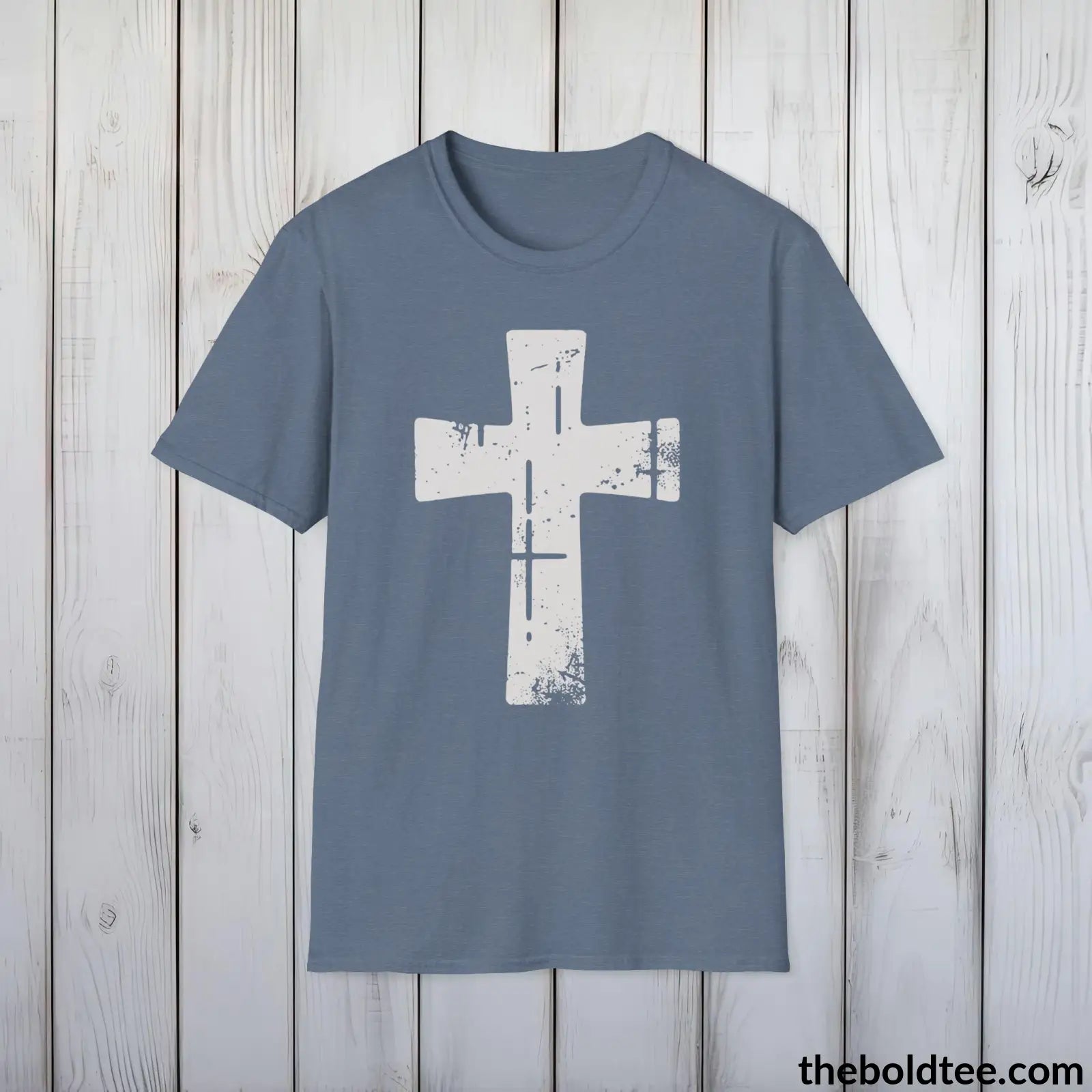 Christian Cross Tee - Premium Soft Cotton Crewneck Unisex T - Shirt 9 Bold Colors Heather Indigo / S