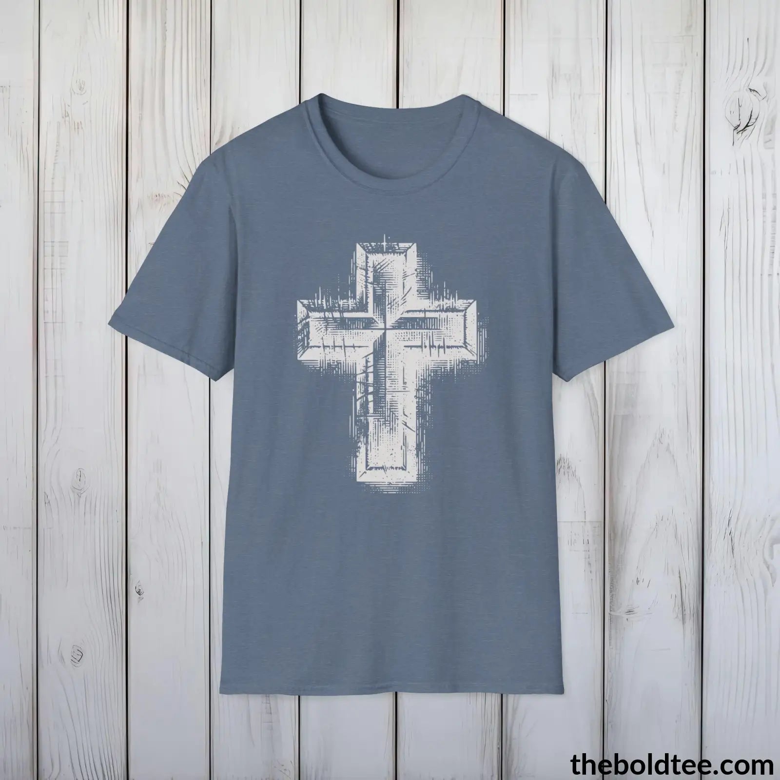 Christian Cross Tee - Premium Soft Cotton Crewneck Unisex T - Shirt 9 Bold Colors Heather Indigo / S