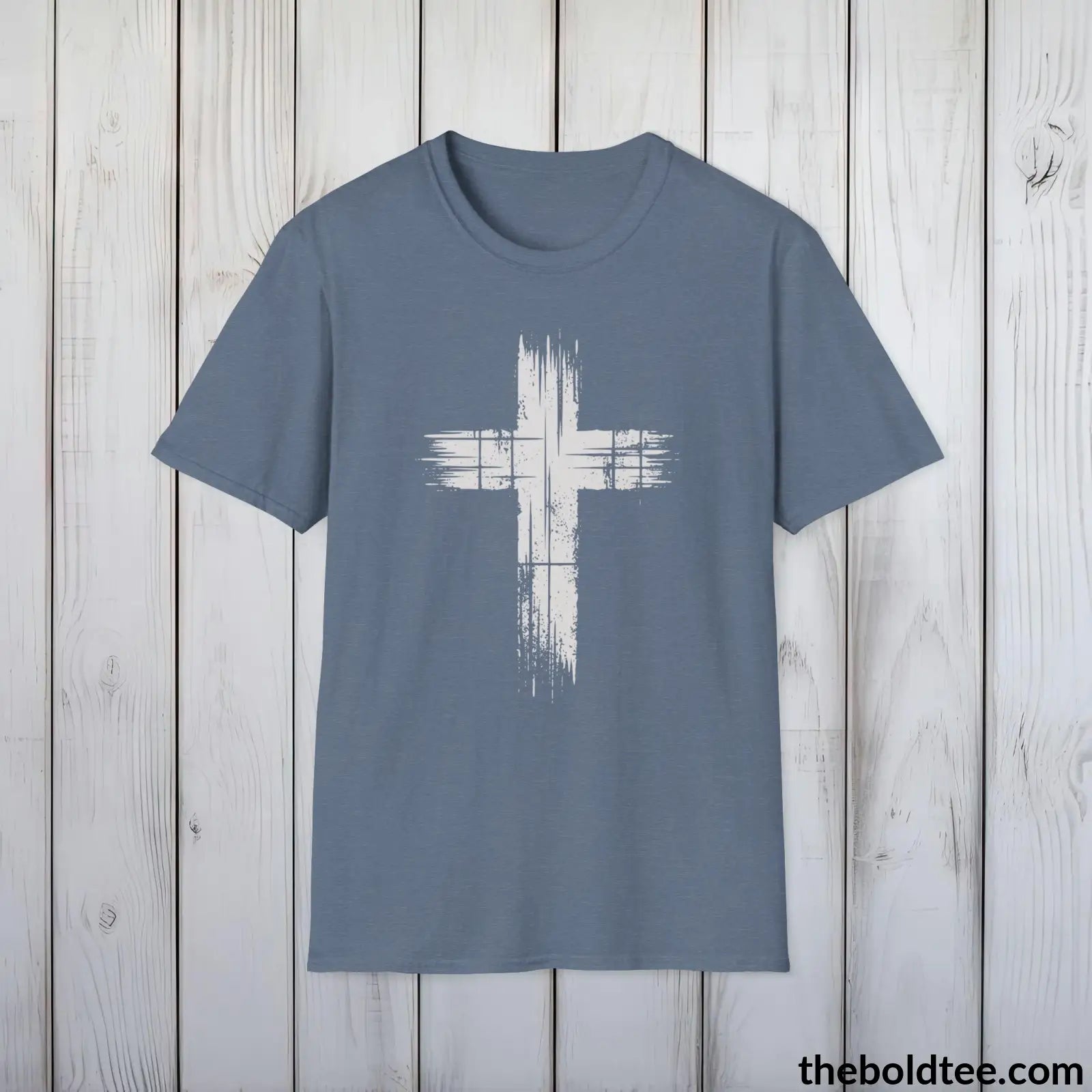 Christian Cross Tee - Premium Soft Cotton Crewneck Unisex T - Shirt 9 Bold Colors Heather Indigo / S