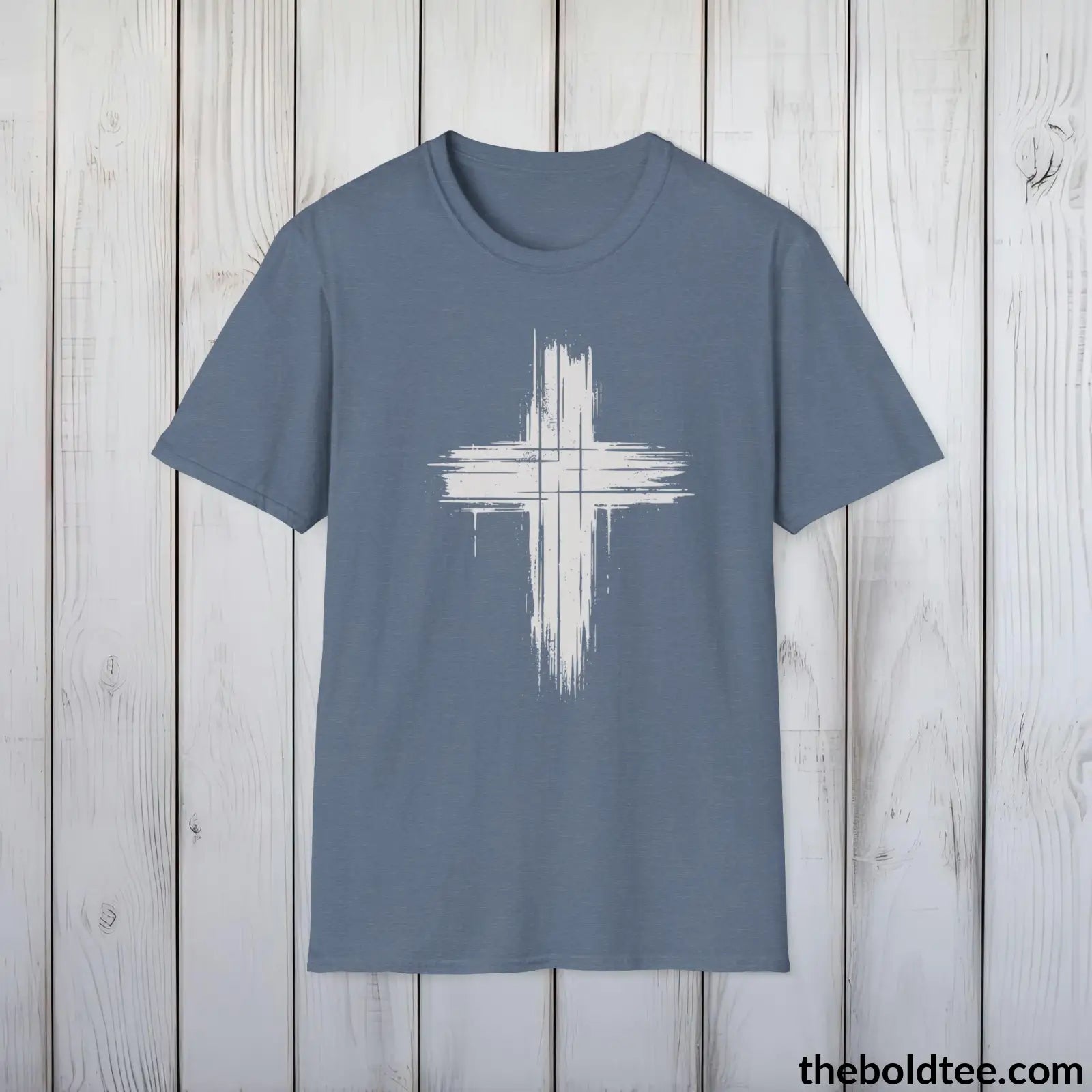 Christian Cross Tee - Premium Soft Cotton Crewneck Unisex T - Shirt 9 Bold Colors Heather Indigo / S