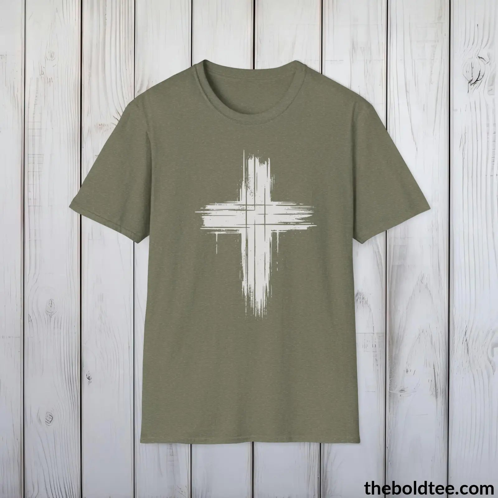 Christian Cross Tee - Premium Soft Cotton Crewneck Unisex T - Shirt 9 Bold Colors Heather Military