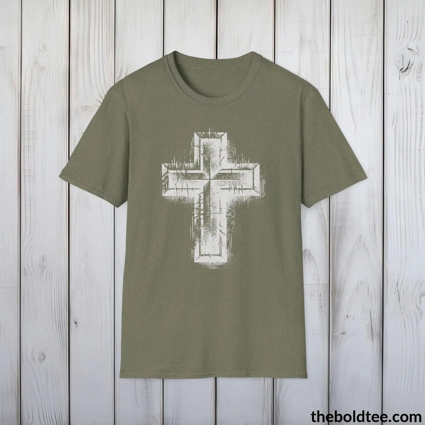 Christian Cross Tee - Premium Soft Cotton Crewneck Unisex T - Shirt 9 Bold Colors Heather Military