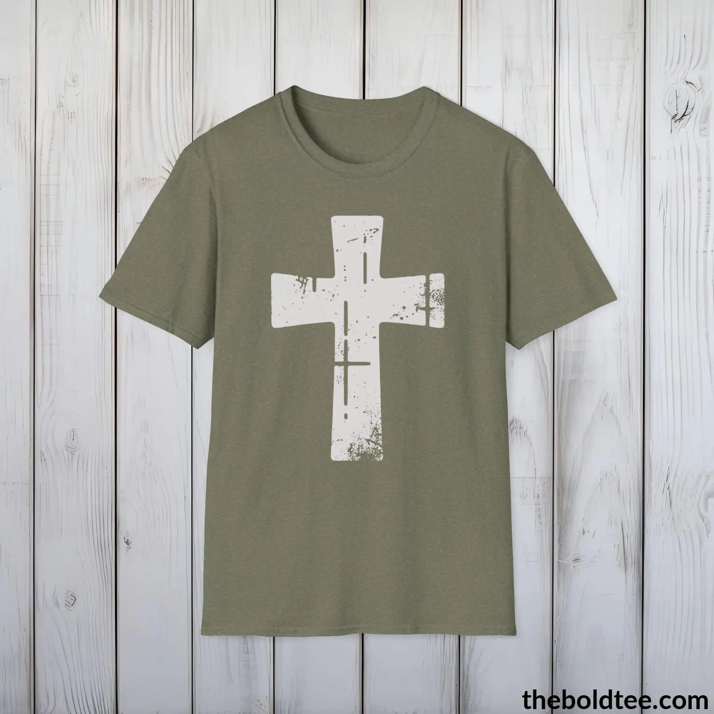 Christian Cross Tee - Premium Soft Cotton Crewneck Unisex T - Shirt 9 Bold Colors Heather Military