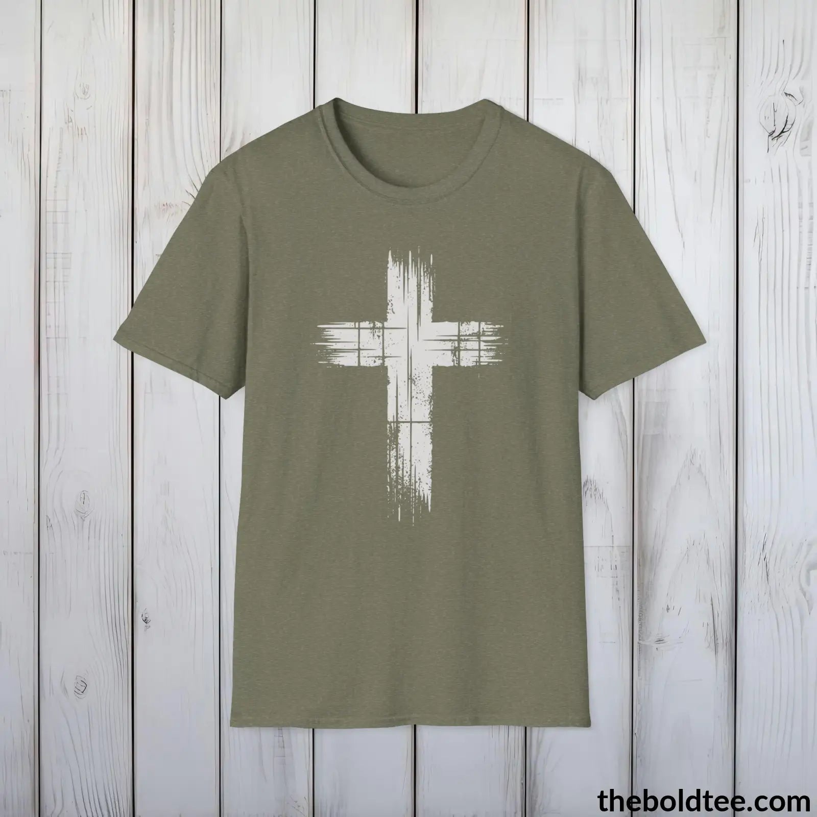 Christian Cross Tee - Premium Soft Cotton Crewneck Unisex T - Shirt 9 Bold Colors Heather Military