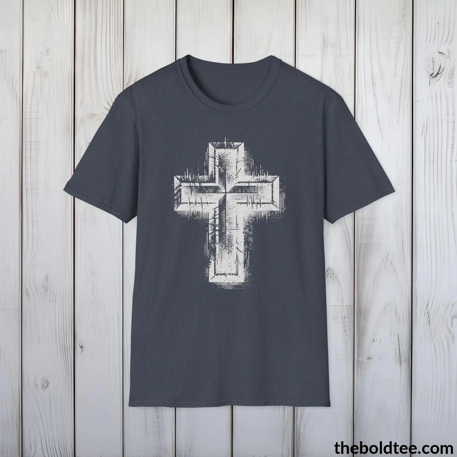 Christian Cross Tee - Premium Soft Cotton Crewneck Unisex T - Shirt 9 Bold Colors Heather Navy / S