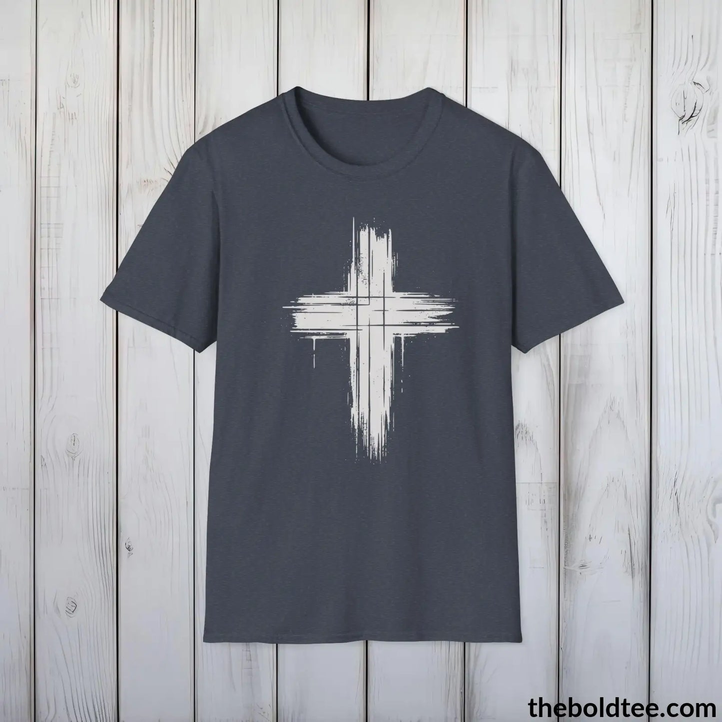 Christian Cross Tee - Premium Soft Cotton Crewneck Unisex T - Shirt 9 Bold Colors Heather Navy / S