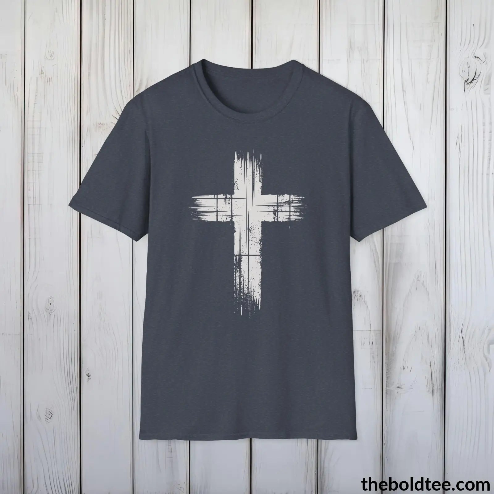 Christian Cross Tee - Premium Soft Cotton Crewneck Unisex T - Shirt 9 Bold Colors Heather Navy / S