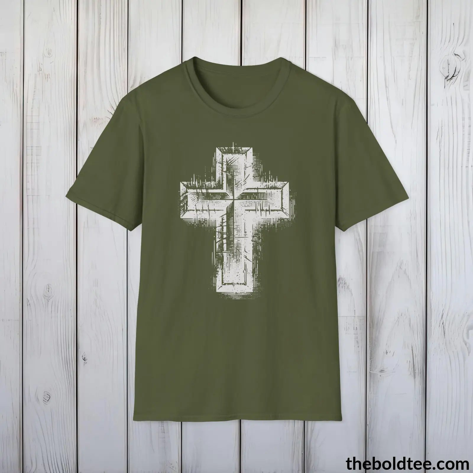 Christian Cross Tee - Premium Soft Cotton Crewneck Unisex T - Shirt 9 Bold Colors Military Green / S