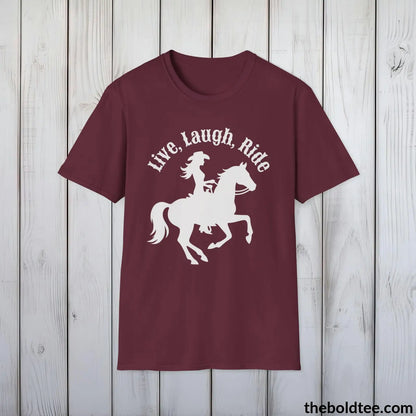 T-Shirt Live, Laugh, Ride T-Shirt - Country Western Fashion Tee - Essential Cowgirl Spirit Tee - Sassy Southern Charm Gift - Comfort in 9 Colors