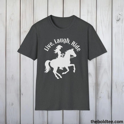 T-Shirt Live, Laugh, Ride T-Shirt - Country Western Fashion Tee - Essential Cowgirl Spirit Tee - Sassy Southern Charm Gift - Comfort in 9 Colors