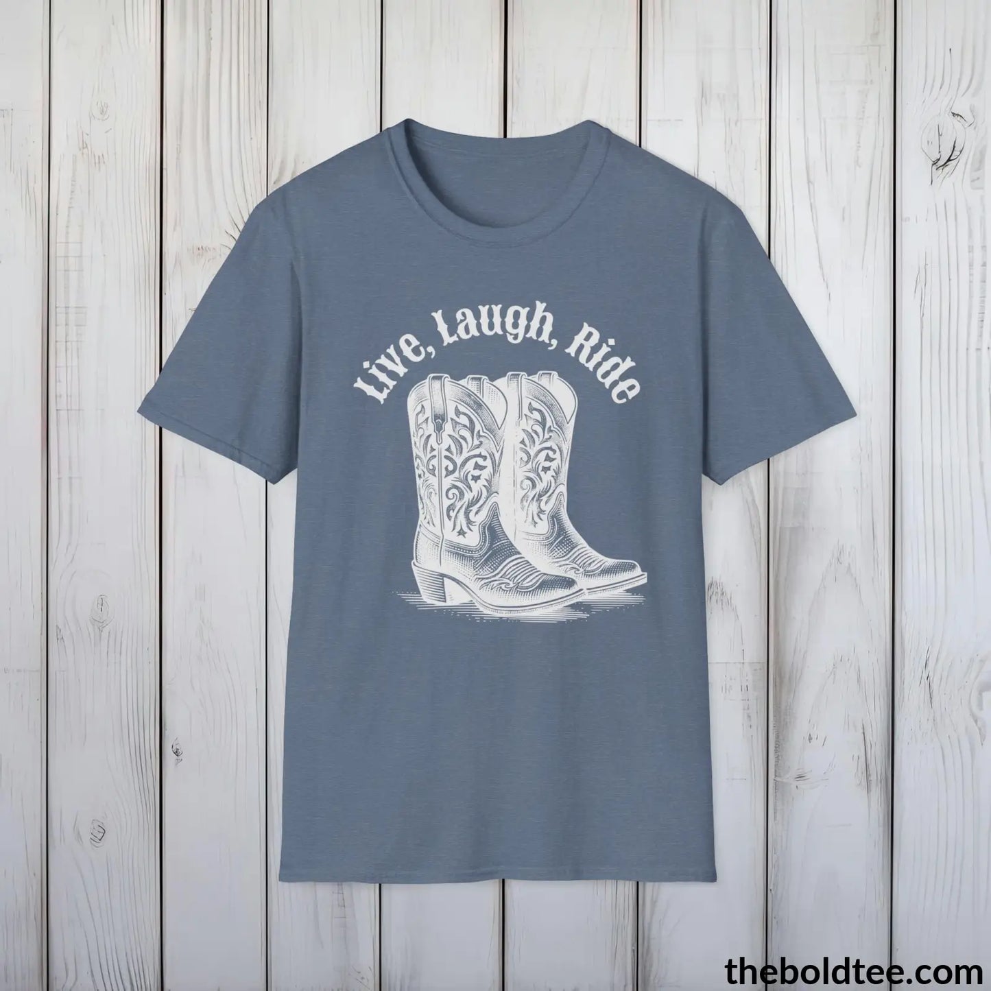 T-Shirt Heather Indigo / S Live, Laugh, Ride T-Shirt - Country Western Fashion Tee - Essential Cowgirl Spirit Tee - Sassy Southern Charm Gift - Comfort in 9 Colors