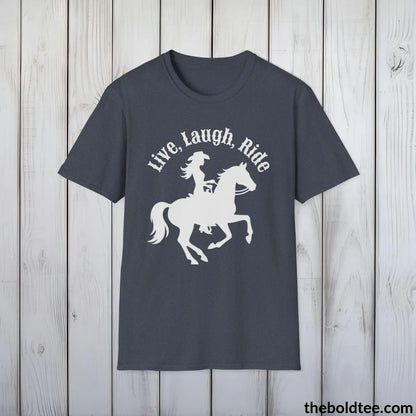 T-Shirt Heather Navy / S Live, Laugh, Ride T-Shirt - Country Western Fashion Tee - Essential Cowgirl Spirit Tee - Sassy Southern Charm Gift - Comfort in 9 Colors