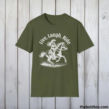 T-Shirt Military Green / S Live, Laugh, Ride T-Shirt - Country Western Fashion Tee - Essential Cowgirl Spirit Tee - Sassy Southern Charm Gift - Comfort in 9 Colors