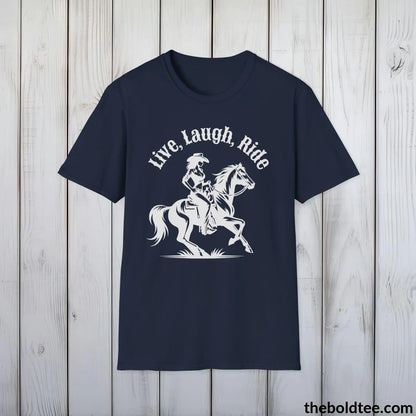 T-Shirt Navy / S Live, Laugh, Ride T-Shirt - Country Western Fashion Tee - Essential Cowgirl Spirit Tee - Sassy Southern Charm Gift - Comfort in 9 Colors