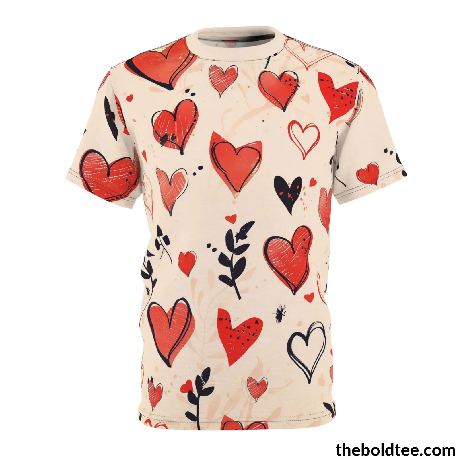 Romantic Hearts Tee - Premium All Over Print Crewneck Shirt Black Stitching / 6 Oz. S Prints