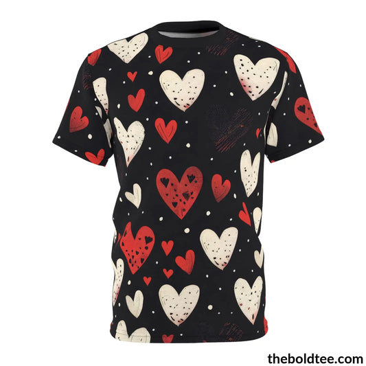 Romantic Hearts Tee - Premium All Over Print Crewneck Shirt Black Stitching / 6 Oz. S Prints