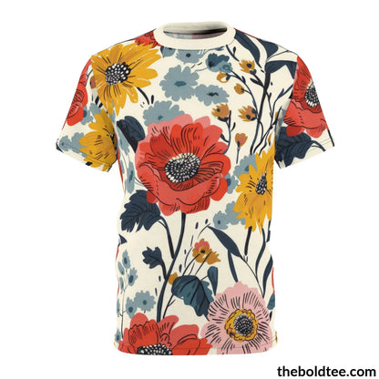 Summer Flower Tee - Premium All Over Print Crewneck Shirt Black Stitching / 6 Oz. S Prints