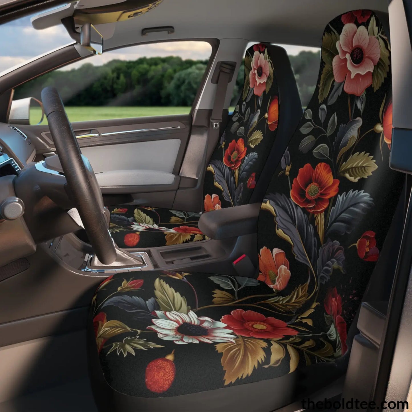 Summer Flowers Car Seat Covers (2 Pcs.) 48.03’ × 18.50’ / Black All Over Prints