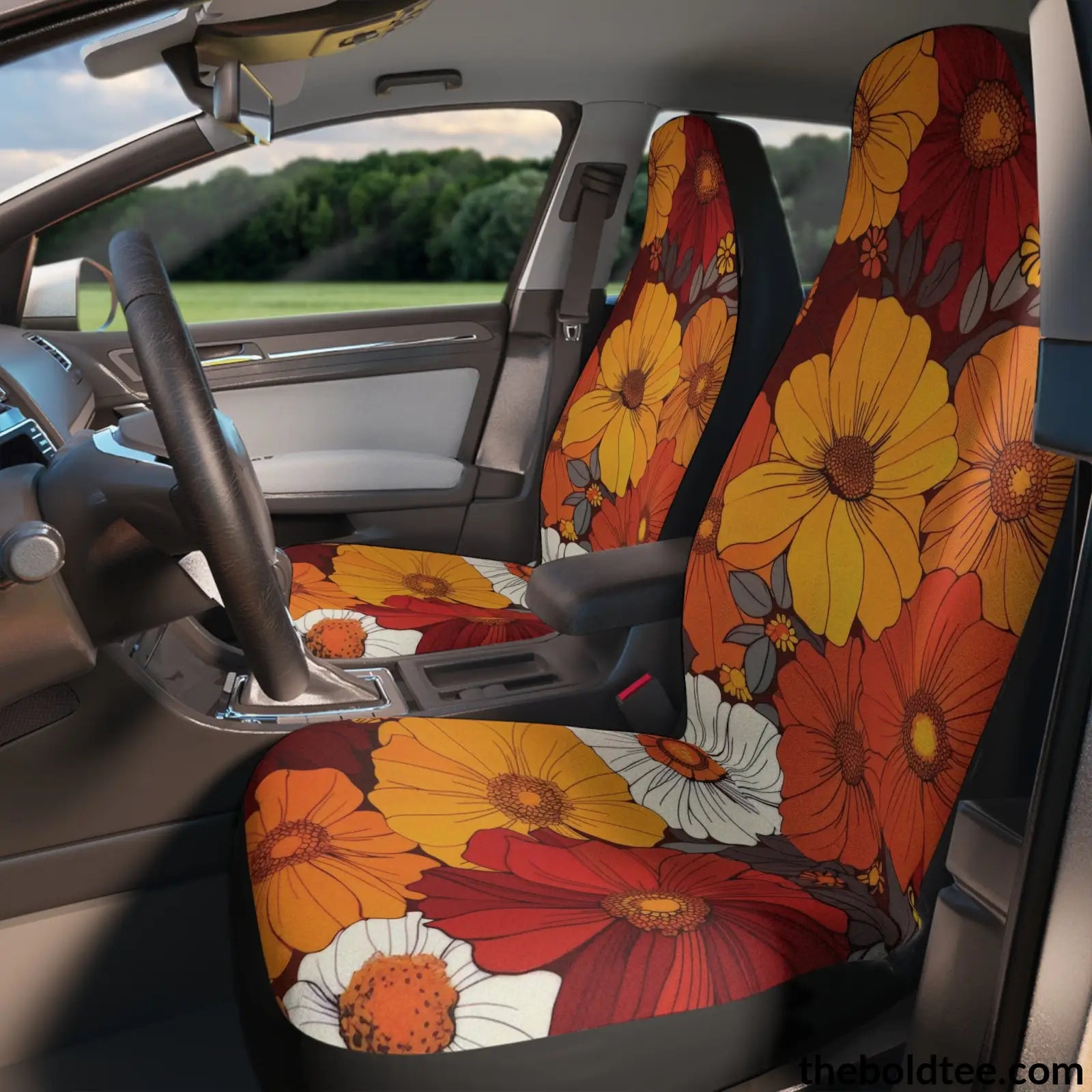 Summer Flowers Car Seat Covers (2 Pcs.) 48.03’ × 18.50’ / Black All Over Prints