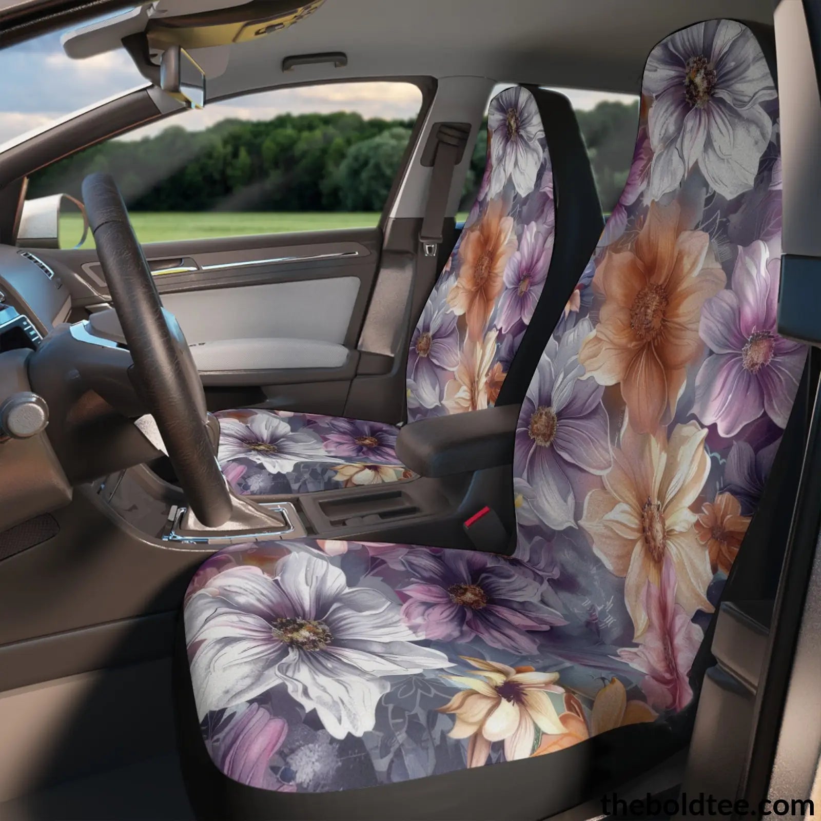 Summer Flowers Car Seat Covers (2 Pcs.) 48.03’ × 18.50’ / Black All Over Prints