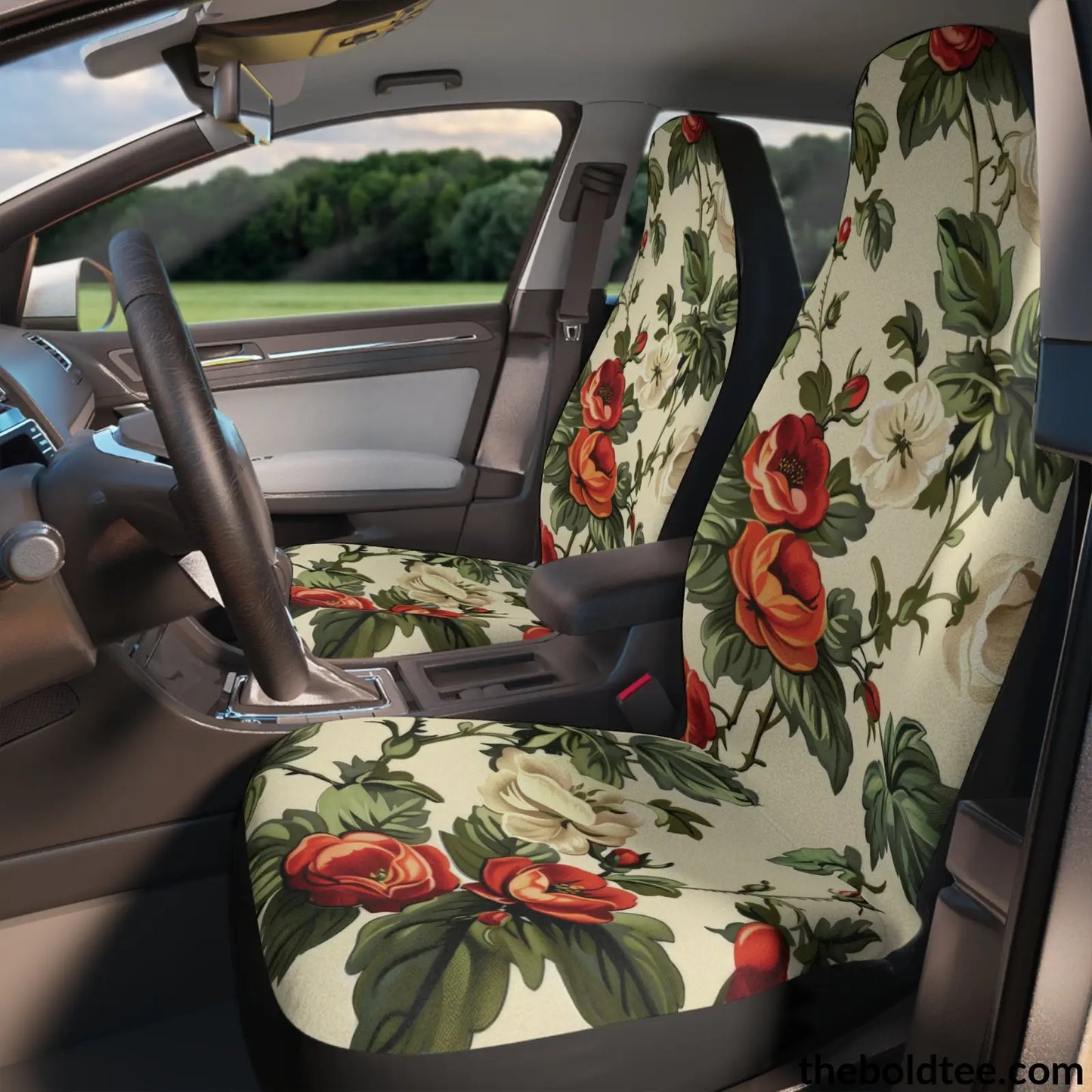 Summer Flowers Car Seat Covers (2 Pcs.) 48.03’ × 18.50’ / Black All Over Prints