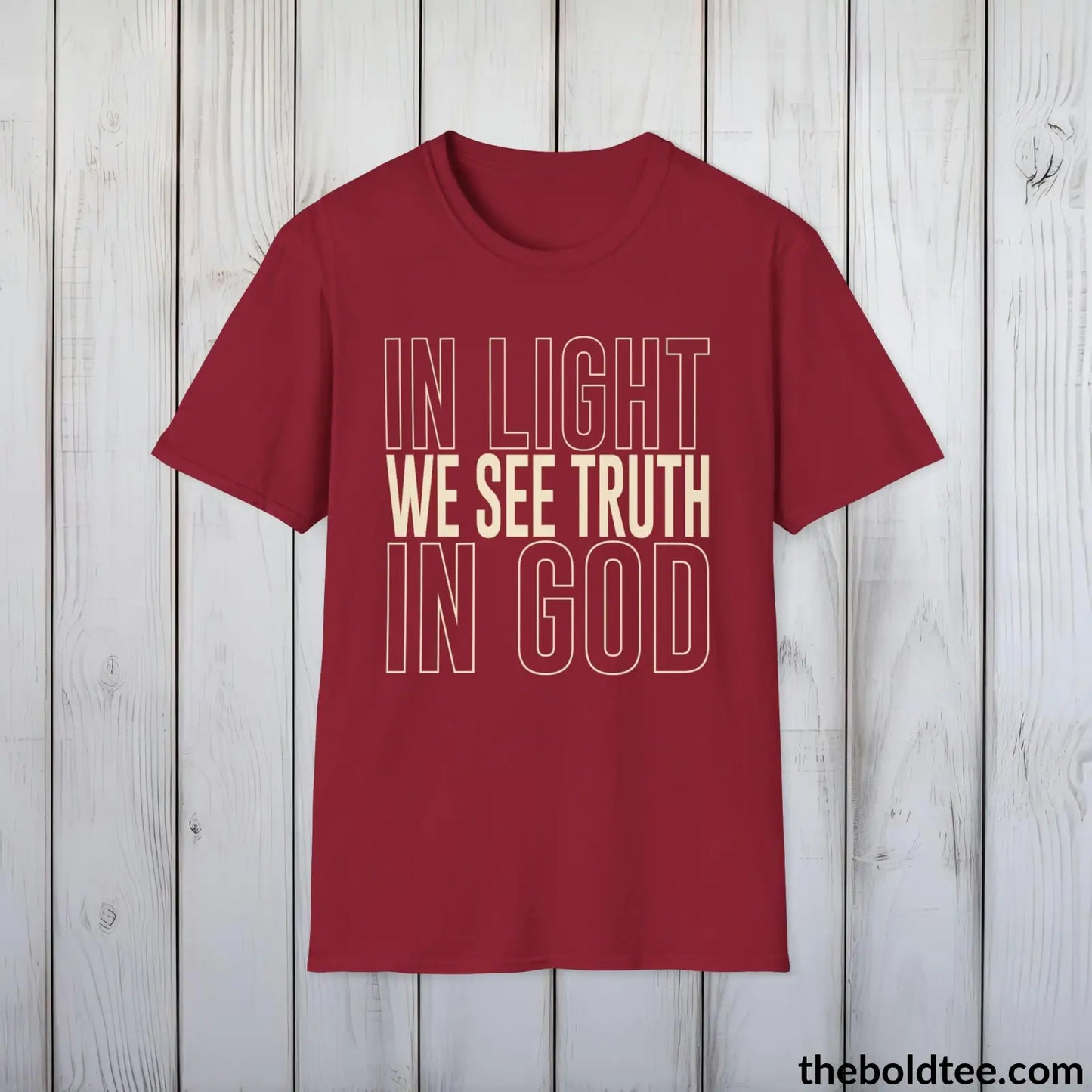 T-Shirt Cardinal Red / S In light We See Truth Christian T-Shirt - Inspirational Soft Casual Cotton Crewneck Tee - Graceful Gift for Friends and Family - 8 Colors