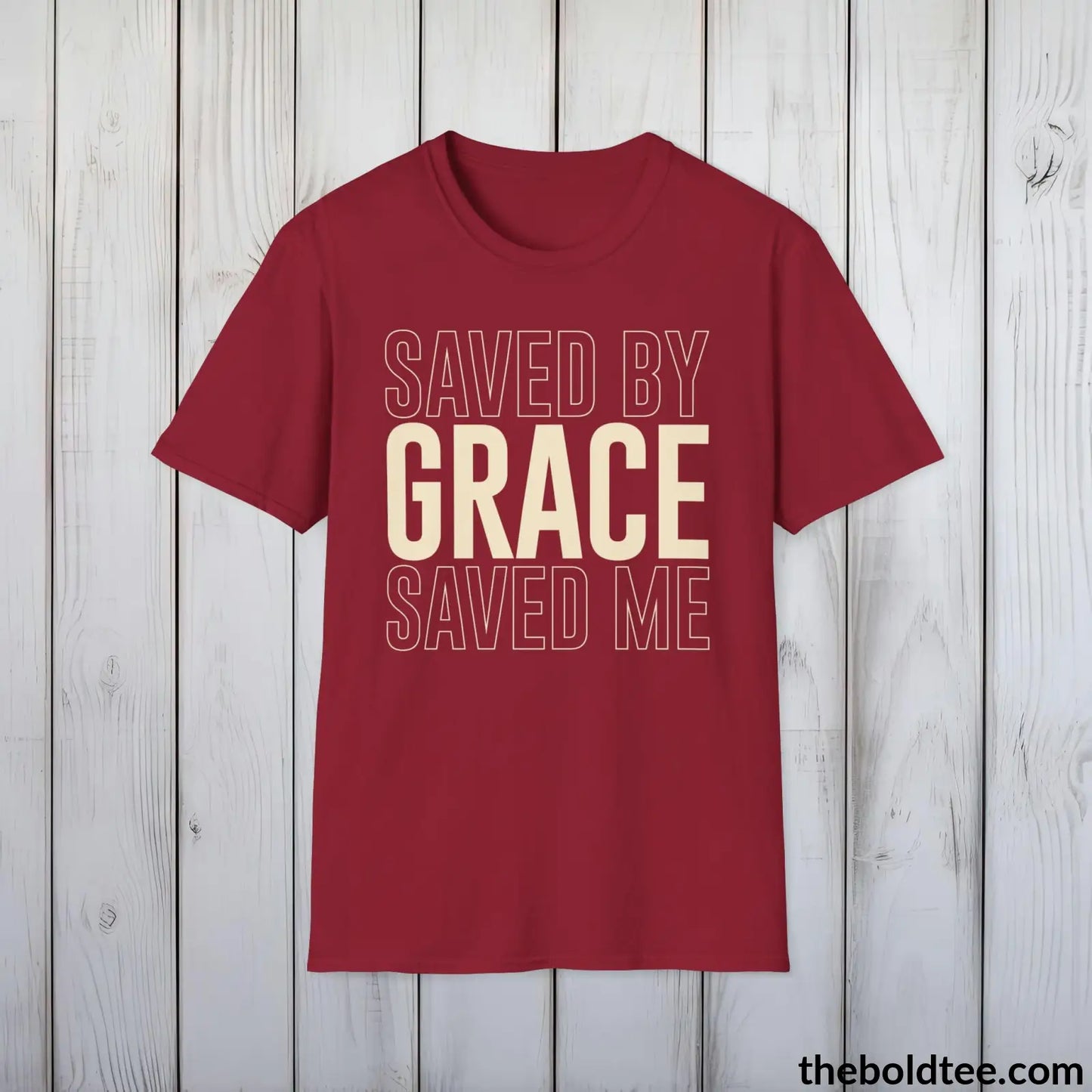 T-Shirt Cardinal Red / S Saved By Grace Christian T-Shirt - Inspirational Casual Soft Cotton Crewneck Tee - Graceful Church Gift for Friends and Family - 8 Colors