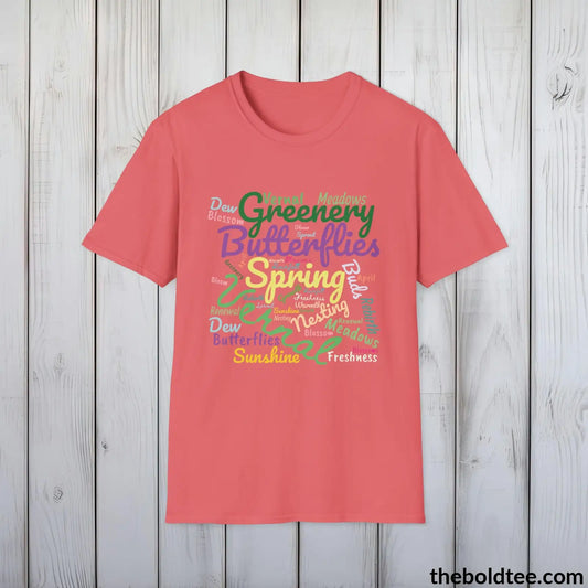 T-Shirt Coral Silk / S Spring Vibes Word Cloud T-Shirt - Typography Springtime Text Tee - Seasonal Spring Cotton Tee Gift for Her - 6 Stylish Trendy Colors