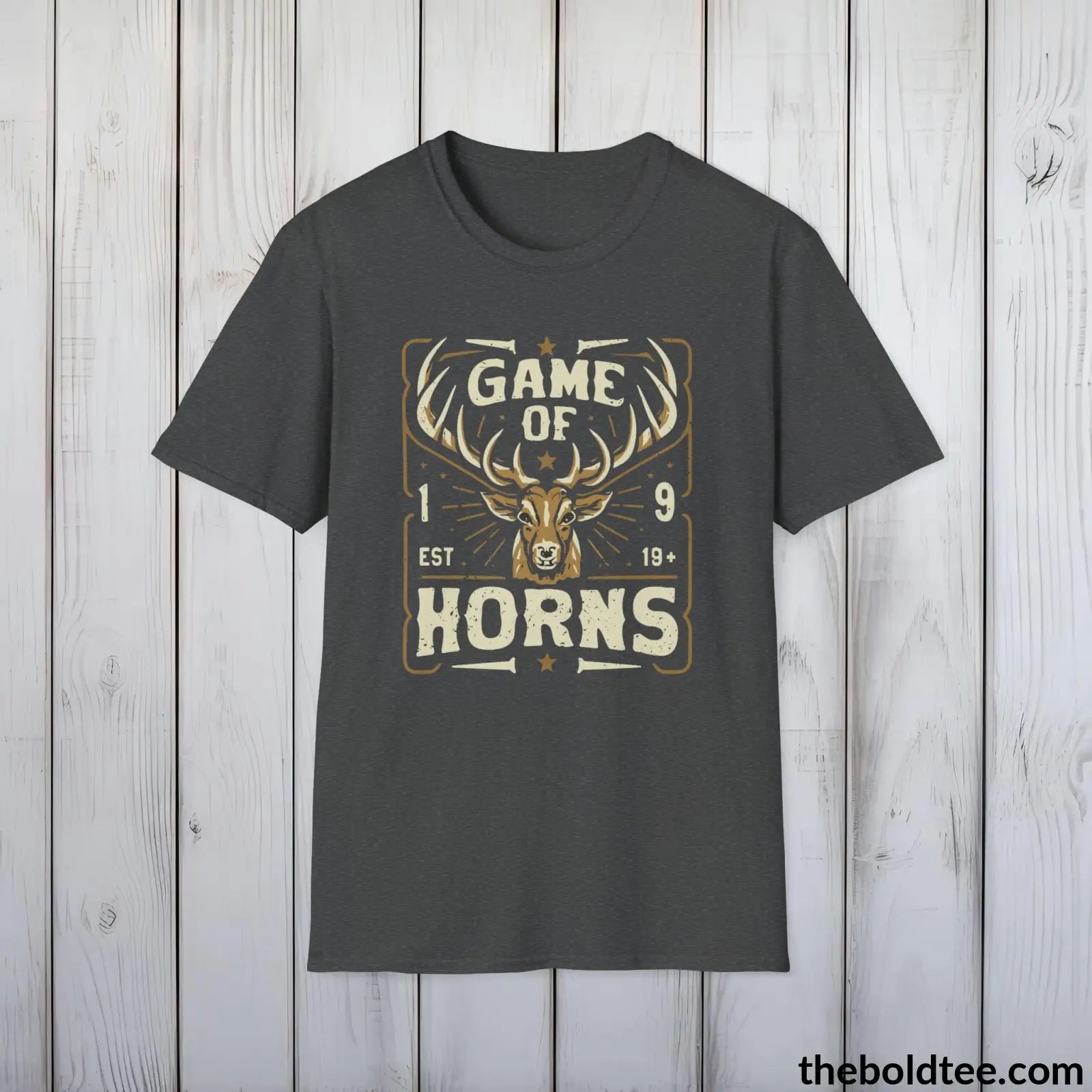 T-Shirt Dark Heather / S Game of Horns Deer Hunter T-Shirt - Great Funny Gift for Outdoor Hunting Adventurers - Ultimate Comfort in Green, Grey or Navy