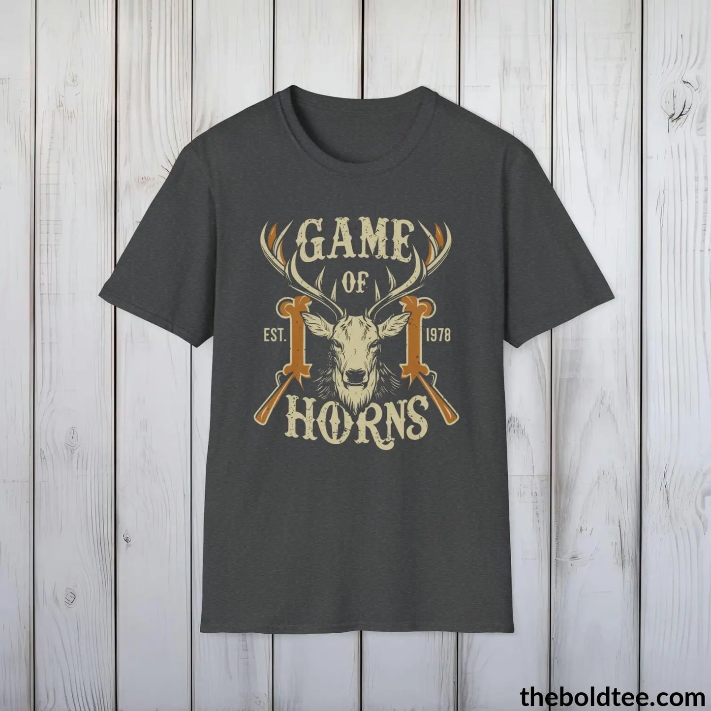 T-Shirt Dark Heather / S Game of Horns Deer Hunter T-Shirt - Great Funny Gift for Outdoor Hunting Adventurers - Ultimate Comfort in Green, Grey or Navy