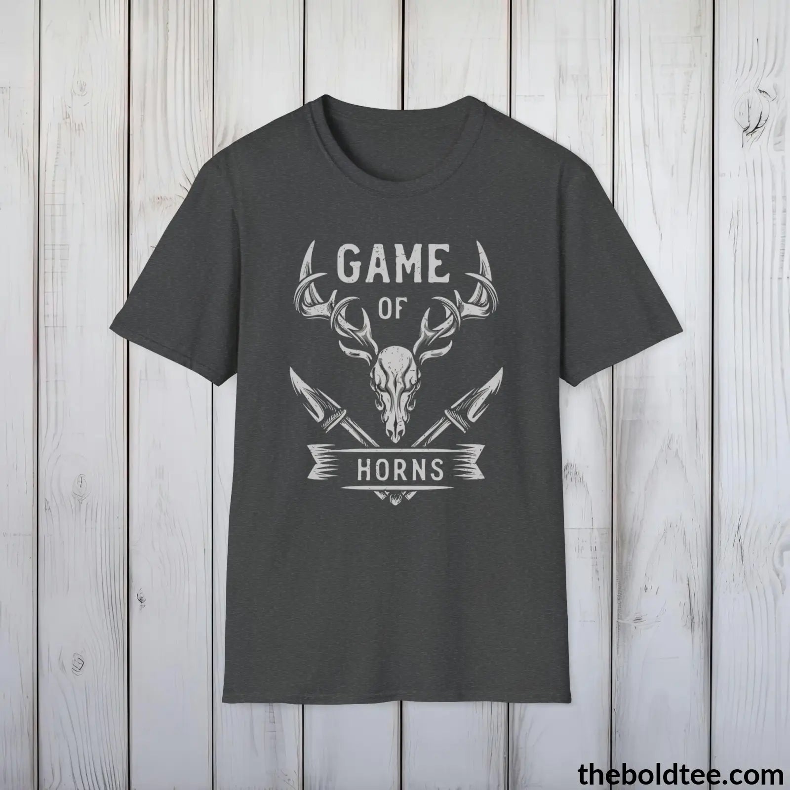 T-Shirt Dark Heather / S Game of Horns Deer Hunter T-Shirt - Great Funny Gift for Outdoor Hunting Adventurers - Ultimate Comfort in Green, Grey or Navy