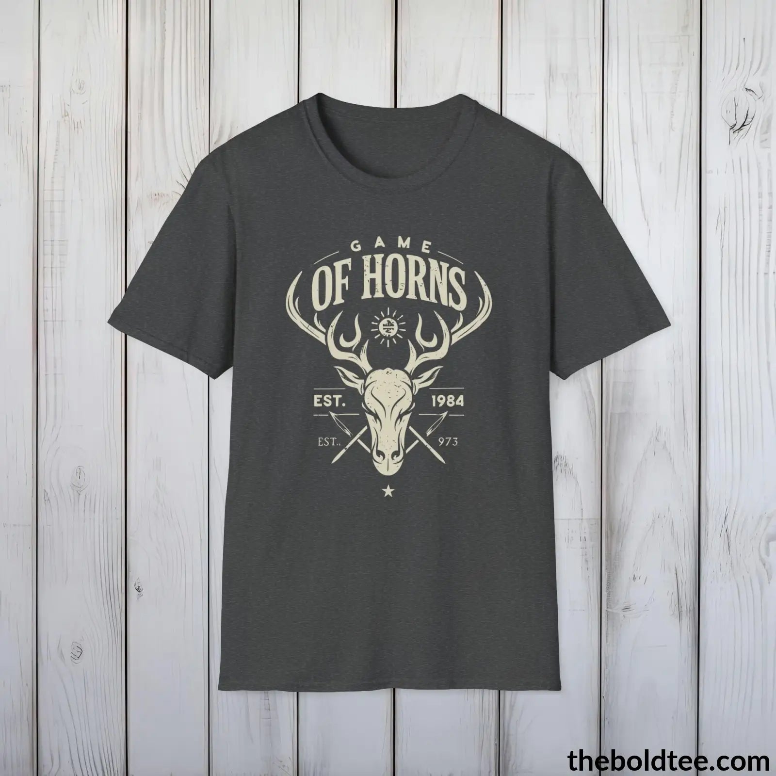 T-Shirt Dark Heather / S Game of Horns Deer Hunter T-Shirt - Great Funny Gift for Outdoor Hunting Adventurers - Ultimate Comfort in Green, Grey or Navy