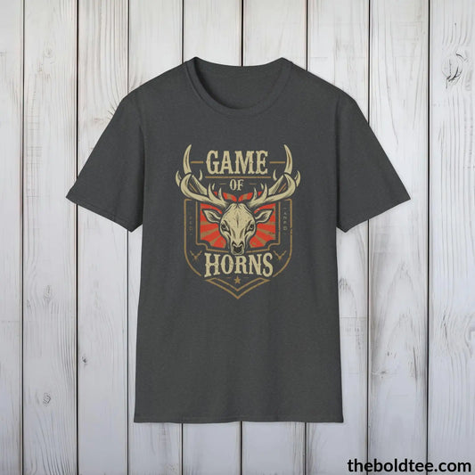 T-Shirt Dark Heather / S Game of Horns Deer Hunter T-Shirt - Great Funny Gift for Outdoor Hunting Adventurers - Ultimate Comfort in Green, Grey or Navy