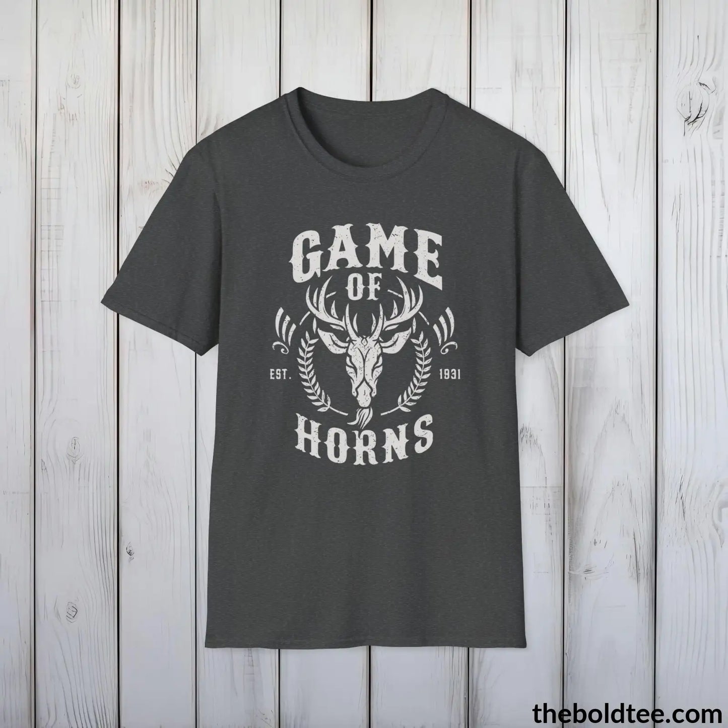 T-Shirt Dark Heather / S Game of Horns Deer Hunter T-Shirt - Great Funny Gift for Outdoor Hunting Adventurers - Ultimate Comfort in Green, Grey or Navy