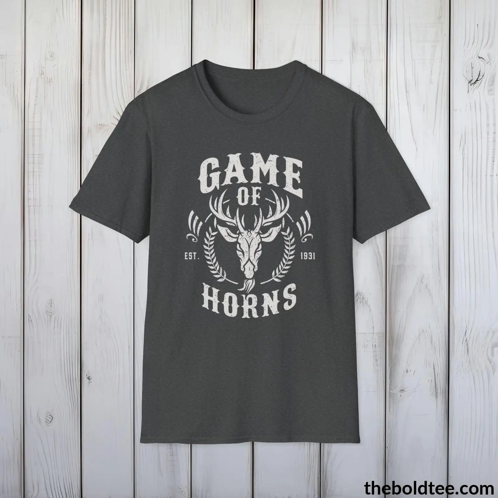 T-Shirt Dark Heather / S Game of Horns Deer Hunter T-Shirt - Great Funny Gift for Outdoor Hunting Adventurers - Ultimate Comfort in Green, Grey or Navy